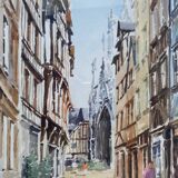 Watercolor painting "Rue Malpalu animated" in Rouen, titled and signed