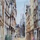 Watercolor painting "Rue Malpalu animated" in Rouen, titled and signed