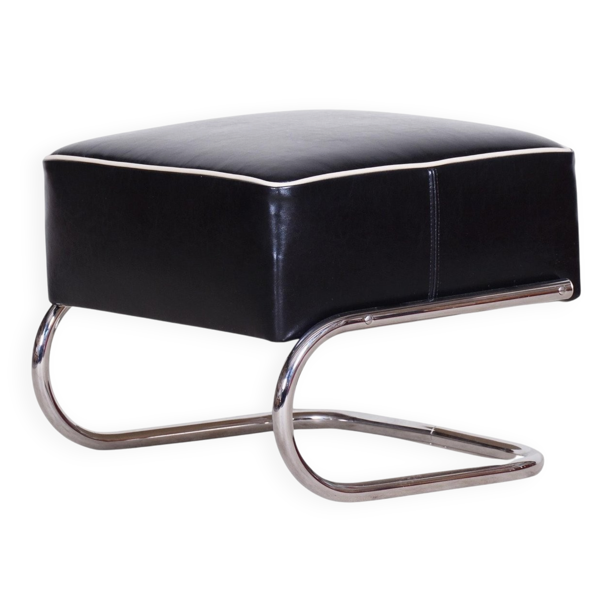 Black Leather Footstool from Slezák, Czechia, 1930s