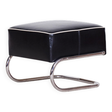 Black Leather Footstool from Slezák, Czechia, 1930s