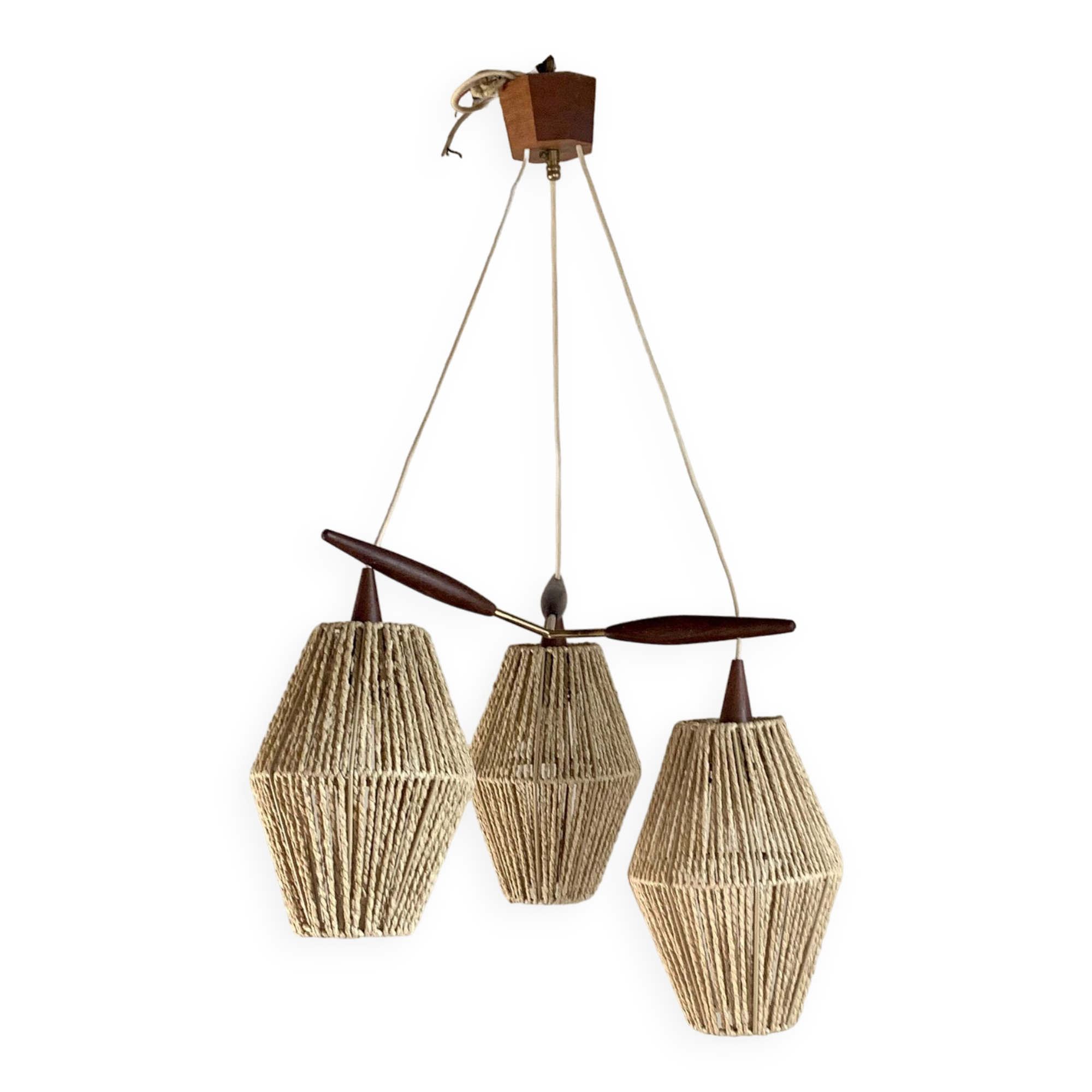 Scandinavian teak and rattan waterfall pendant light