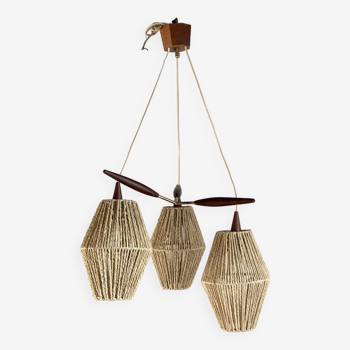 Scandinavian teak and rattan waterfall pendant light