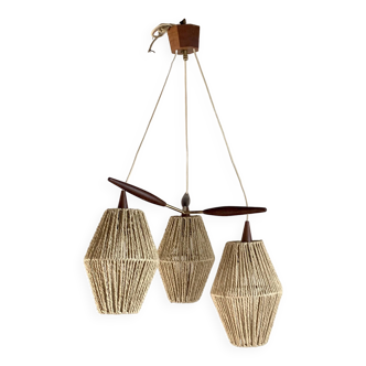 Scandinavian teak and rattan waterfall pendant light