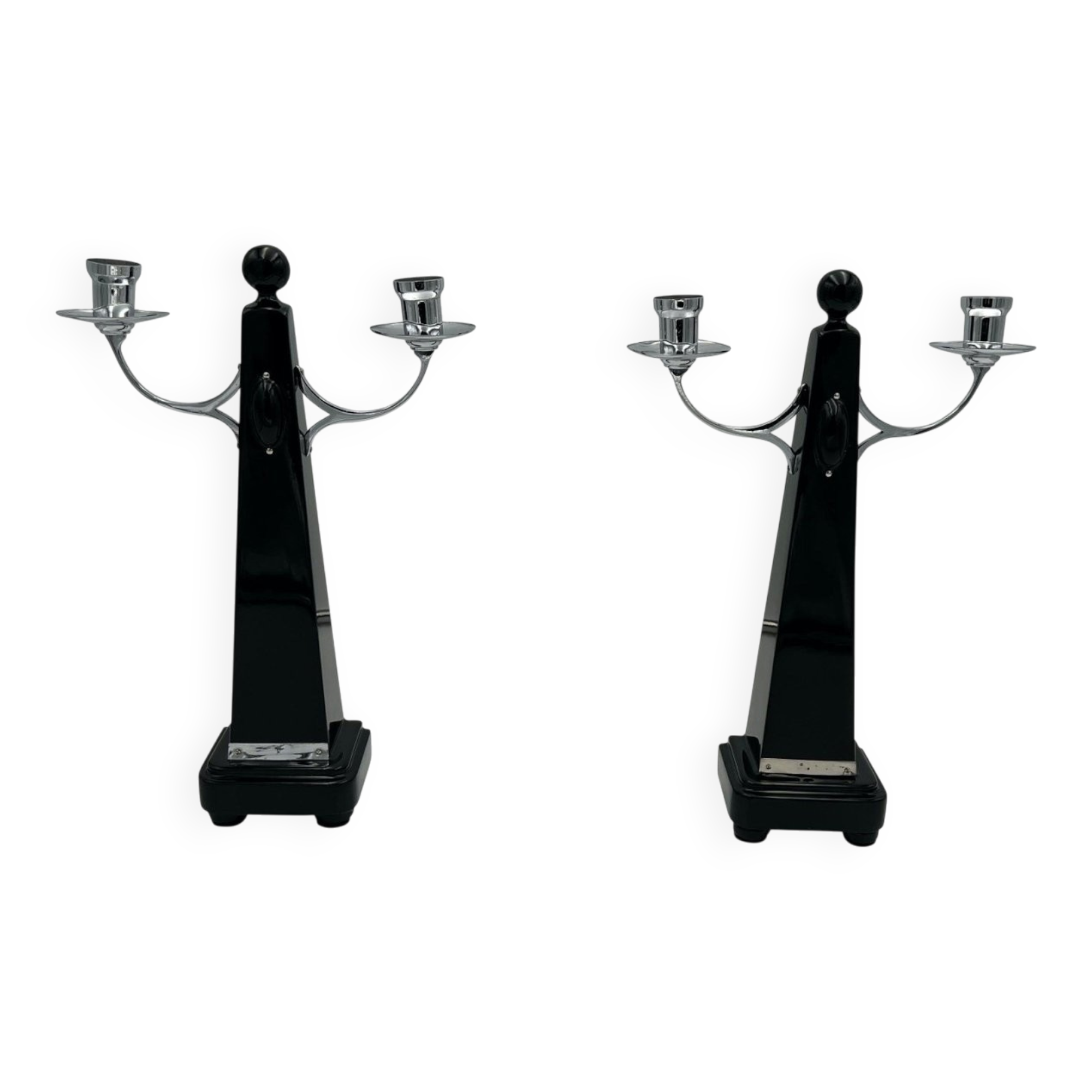 Art Deco Candlesticks in Black Lacquer, Oak & Nickel, Netherlands, 1930s, Set of 2