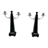 Art Deco Candlesticks in Black Lacquer, Oak & Nickel, Netherlands, 1930s, Set of 2