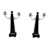 Art Deco Candlesticks in Black Lacquer, Oak & Nickel, Netherlands, 1930s, Set of 2