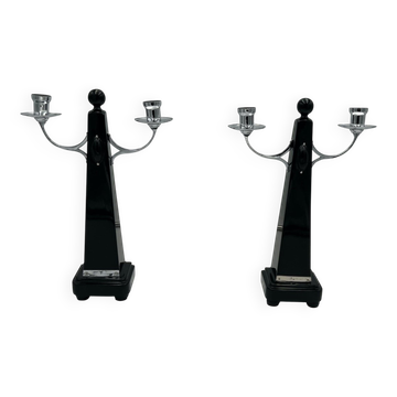 Art Deco Candlesticks in Black Lacquer, Oak & Nickel, Netherlands, 1930s, Set of 2