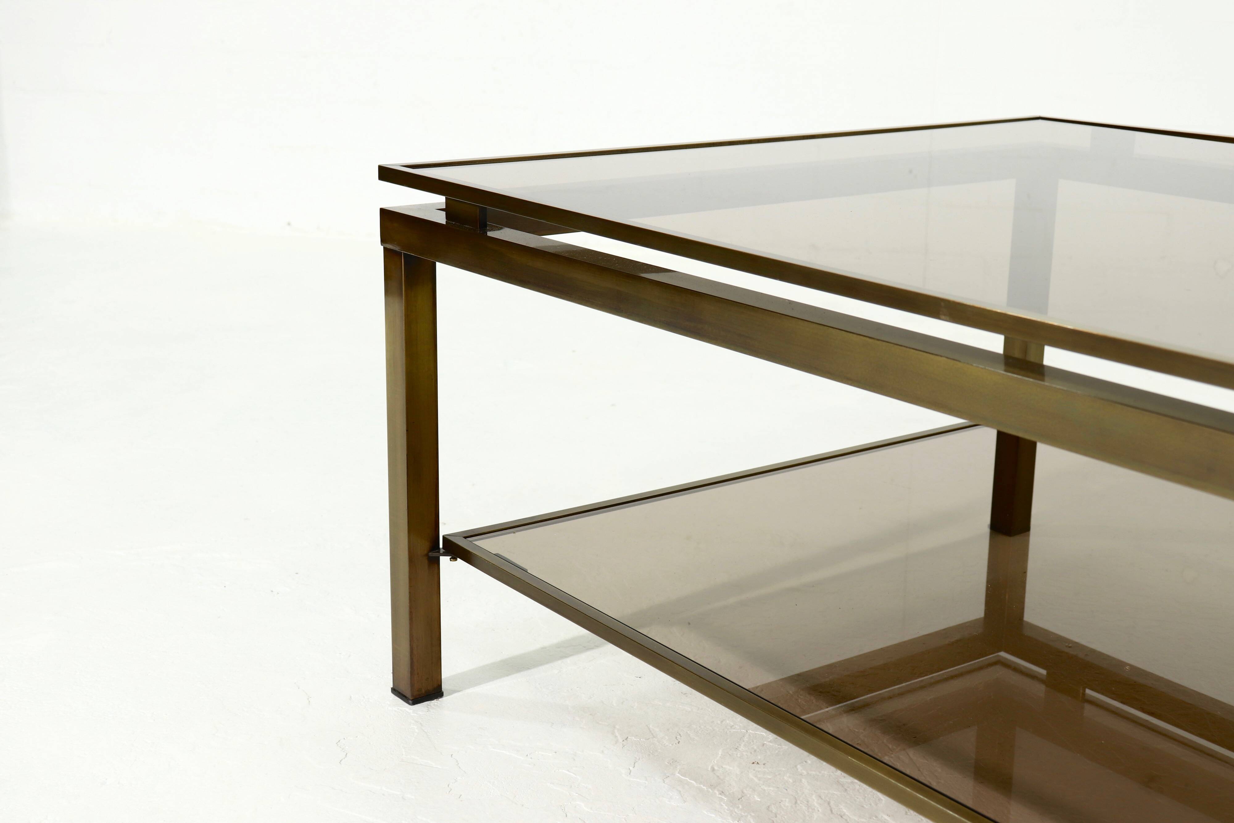 Two Tier Brass and Smoked Glass Coffee Table 1970s