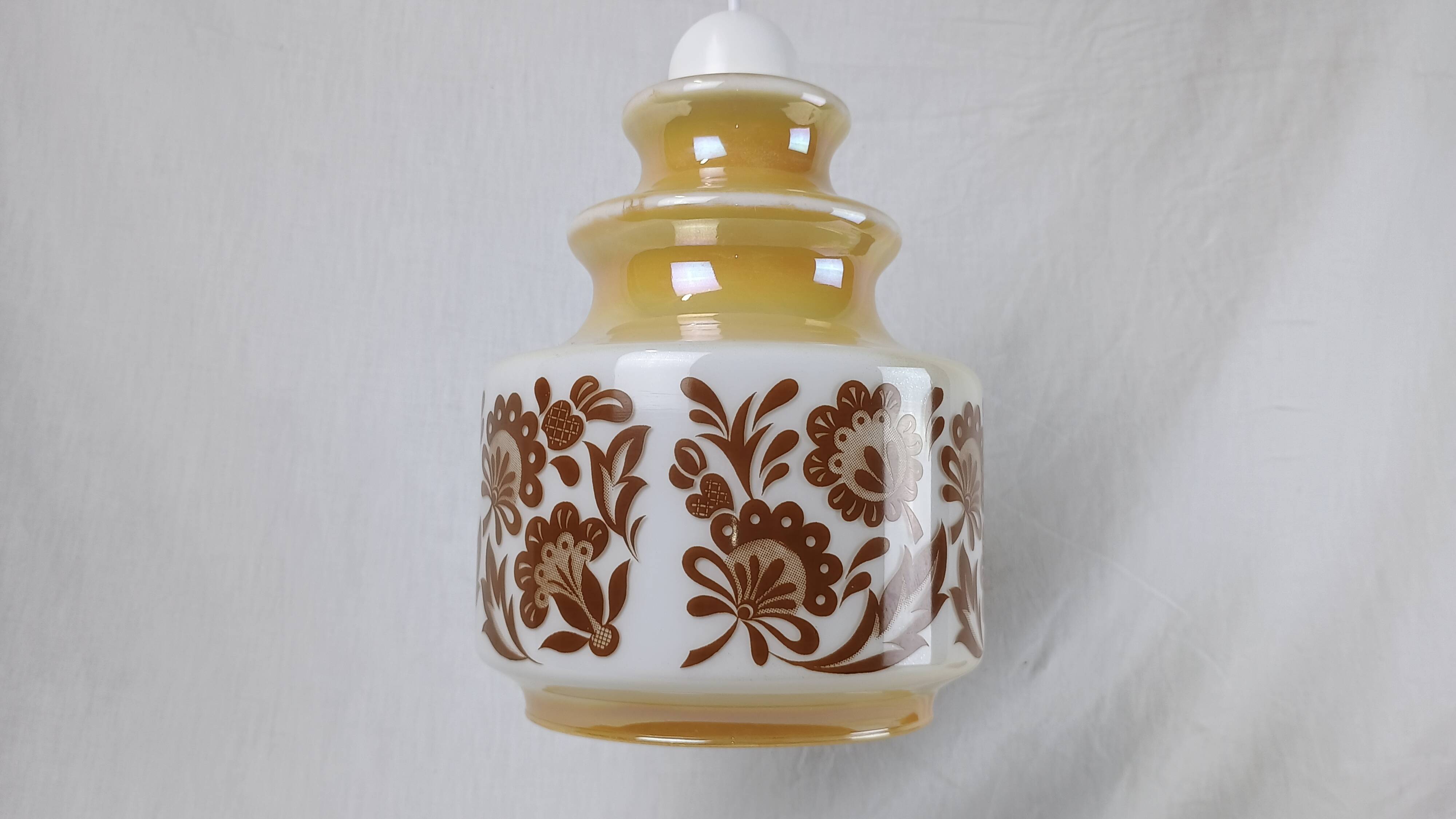 Venini Vintage Murano Glass Pendant Light, White and Brown Floral Design, 1950s