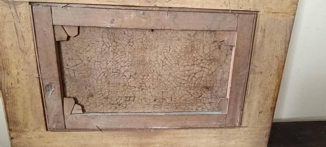 Antique painting on canvas depicting a bucolic landscape