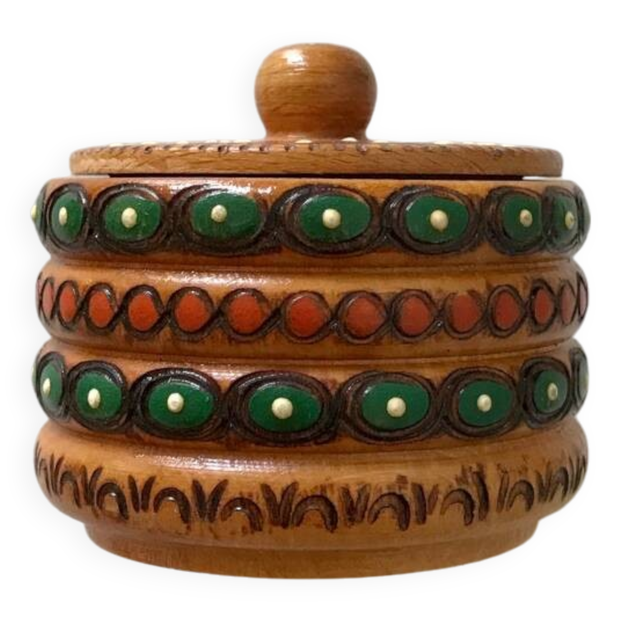 Vintage small round box with lid in light wood carved in relief decorated painted