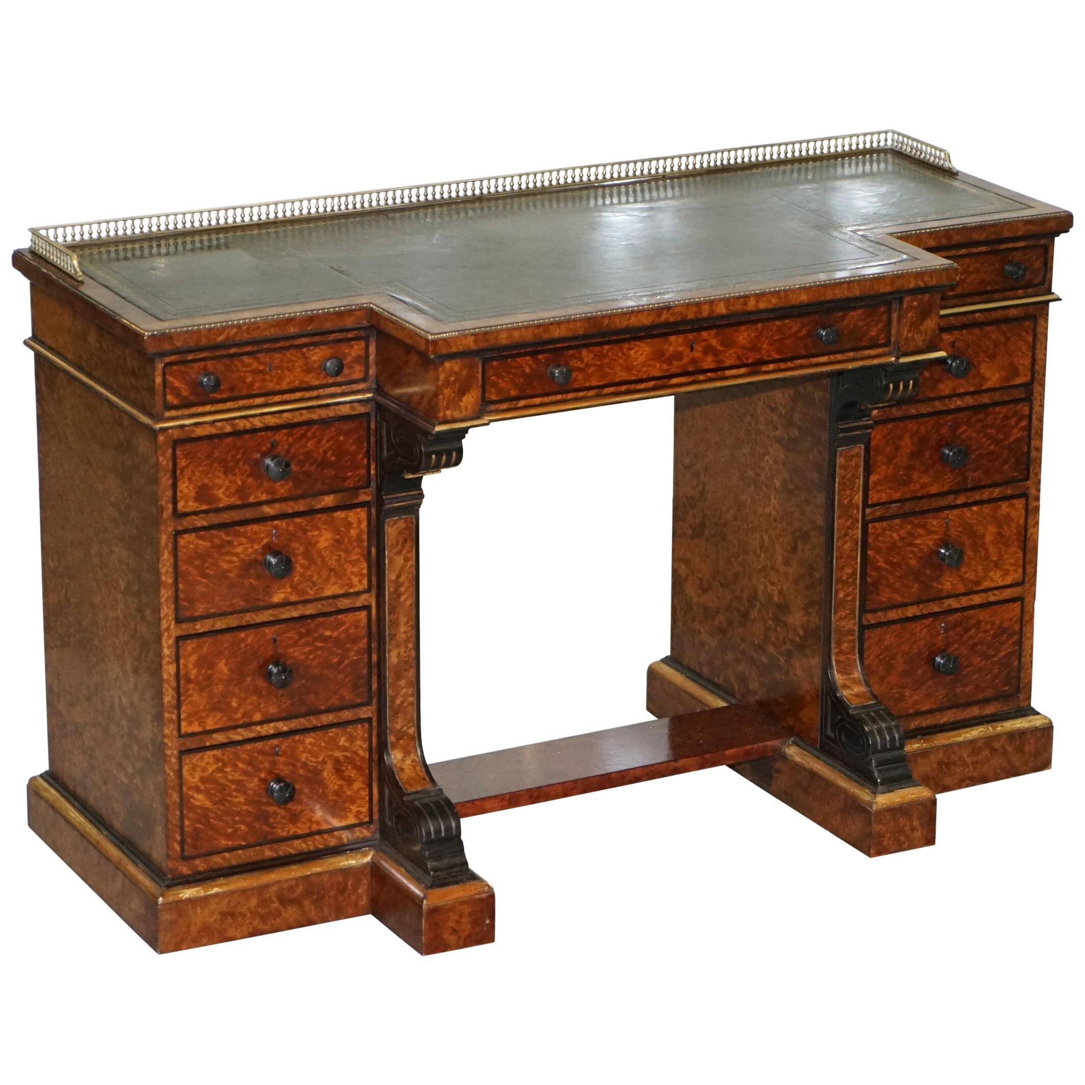 Gillow Library Desk in Burr Amboyna with Brass Gallery, circa 1852-1857