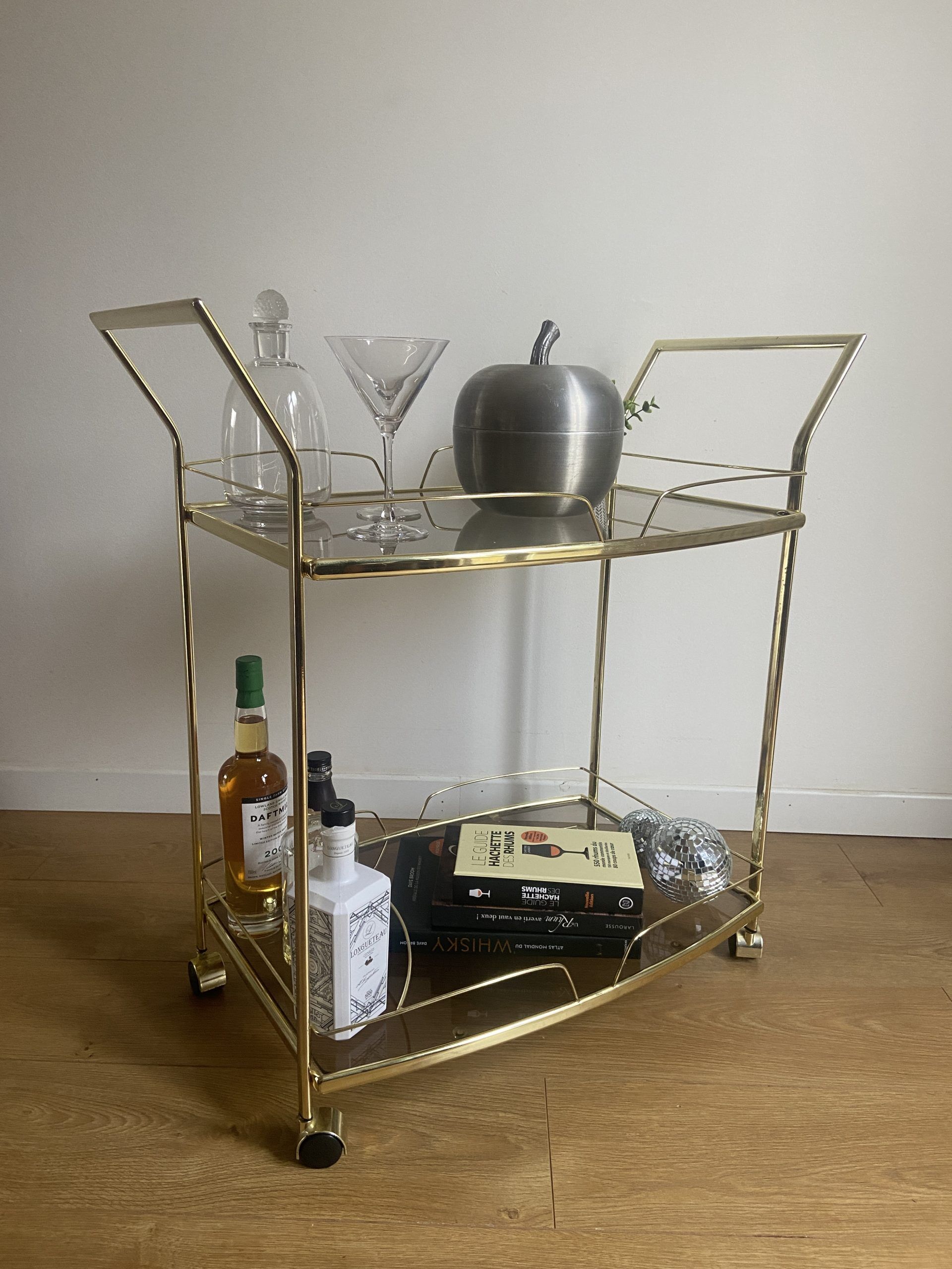 Vintage rolling service in gilded metal and smoked glass