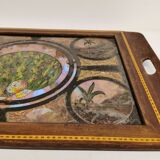 Plateau de service antique en bois d’acajou, verre et nacre