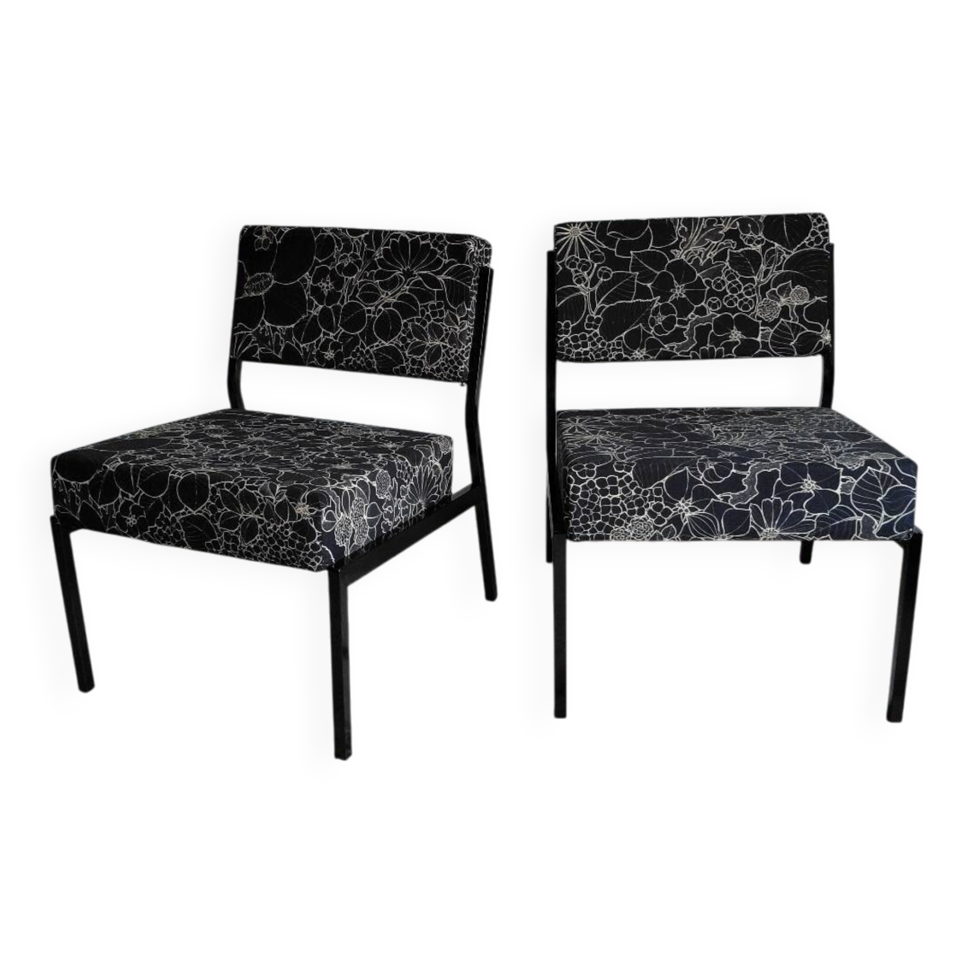 Pair of black metal and fabric armchairs, 1970s, restored.