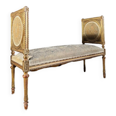 Importante Banquette D’époque Napoléon III En Bois Doré Et Sculpté De Style Louis XVI - XIXe