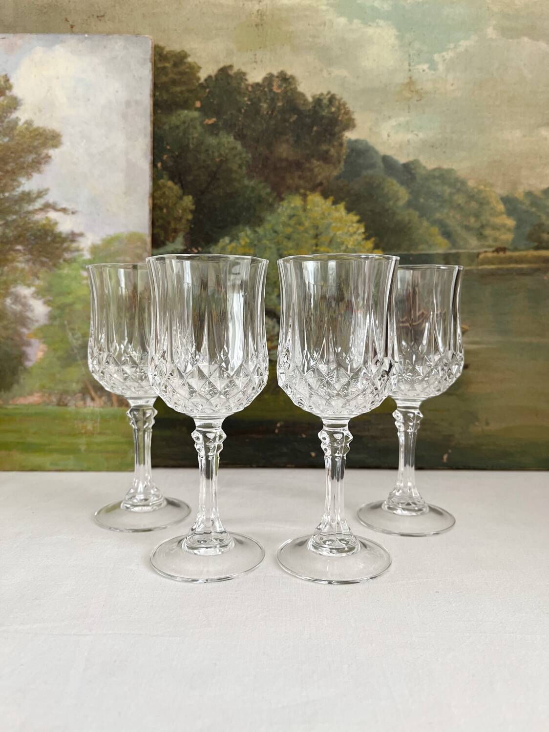 4 white wine stemmed glasses in Arques crystal, Longchamp vintage model