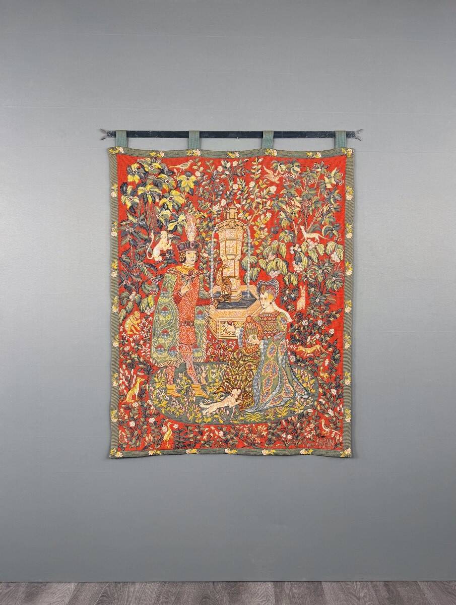 Medieval-style wall tapestry, courtly scene, 20th century