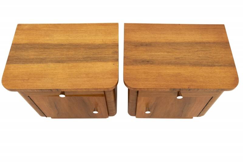 Vintage wooden bedside tables from the mid-20th century, after renovation.