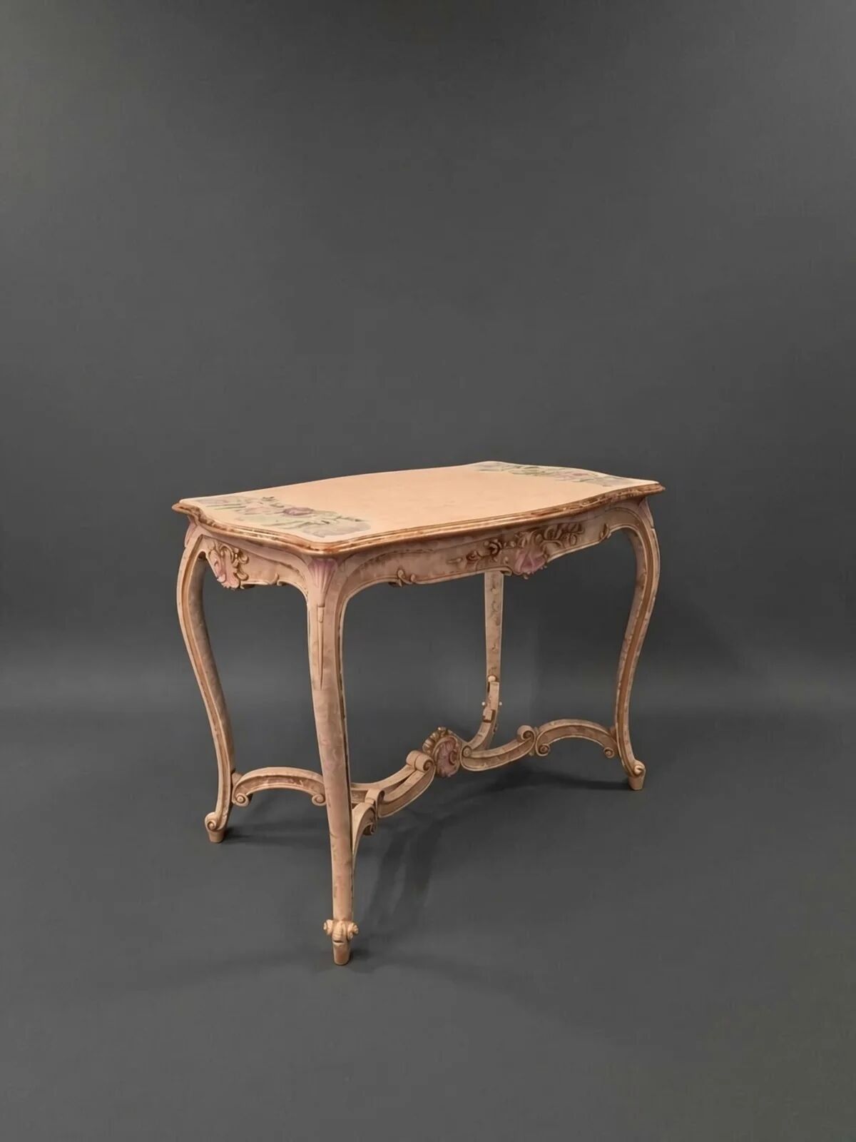 Vintage French provincial painted table | Shabby chic floral console table | Ornate rococo vanity desk with hand-painted roses