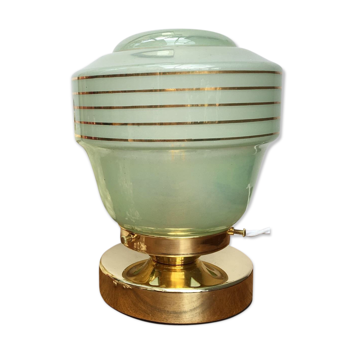 Vintage globe-laying lamp in pearly mint opaline, gold stripes