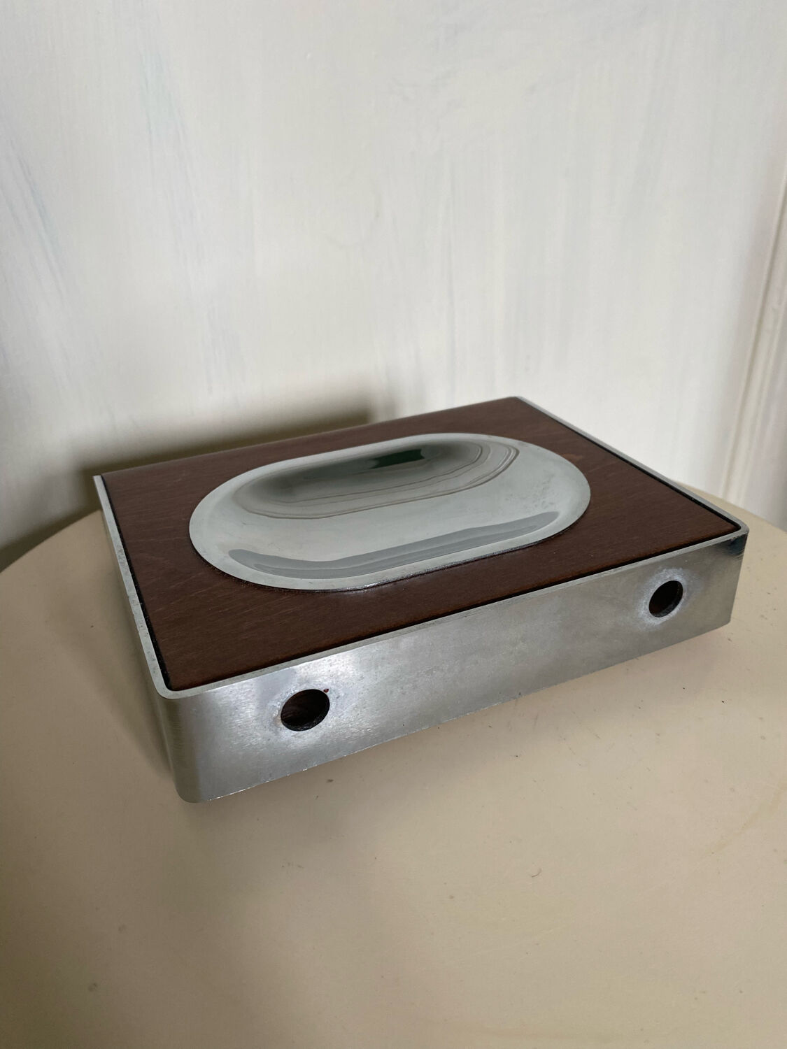 Wall soap holder design chrome and walnut wood
