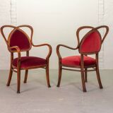 Red Velvet Heartshaped Wooden Vintage Design Side Chairs. Set of 2. 1950s