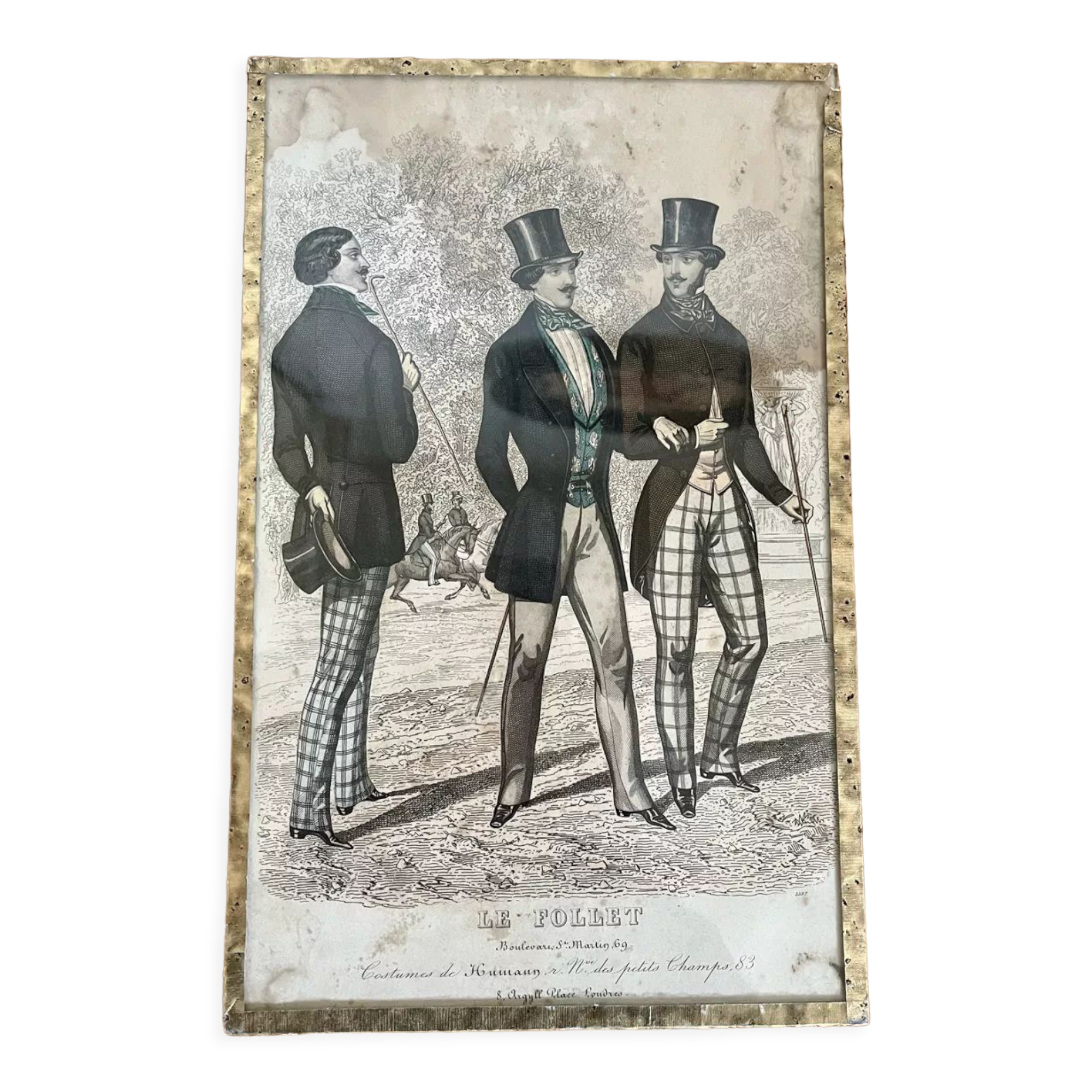 Antique print framed "Le Follet" men's suits