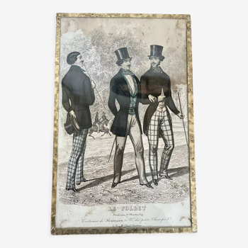 Antique print framed "Le Follet" men's suits