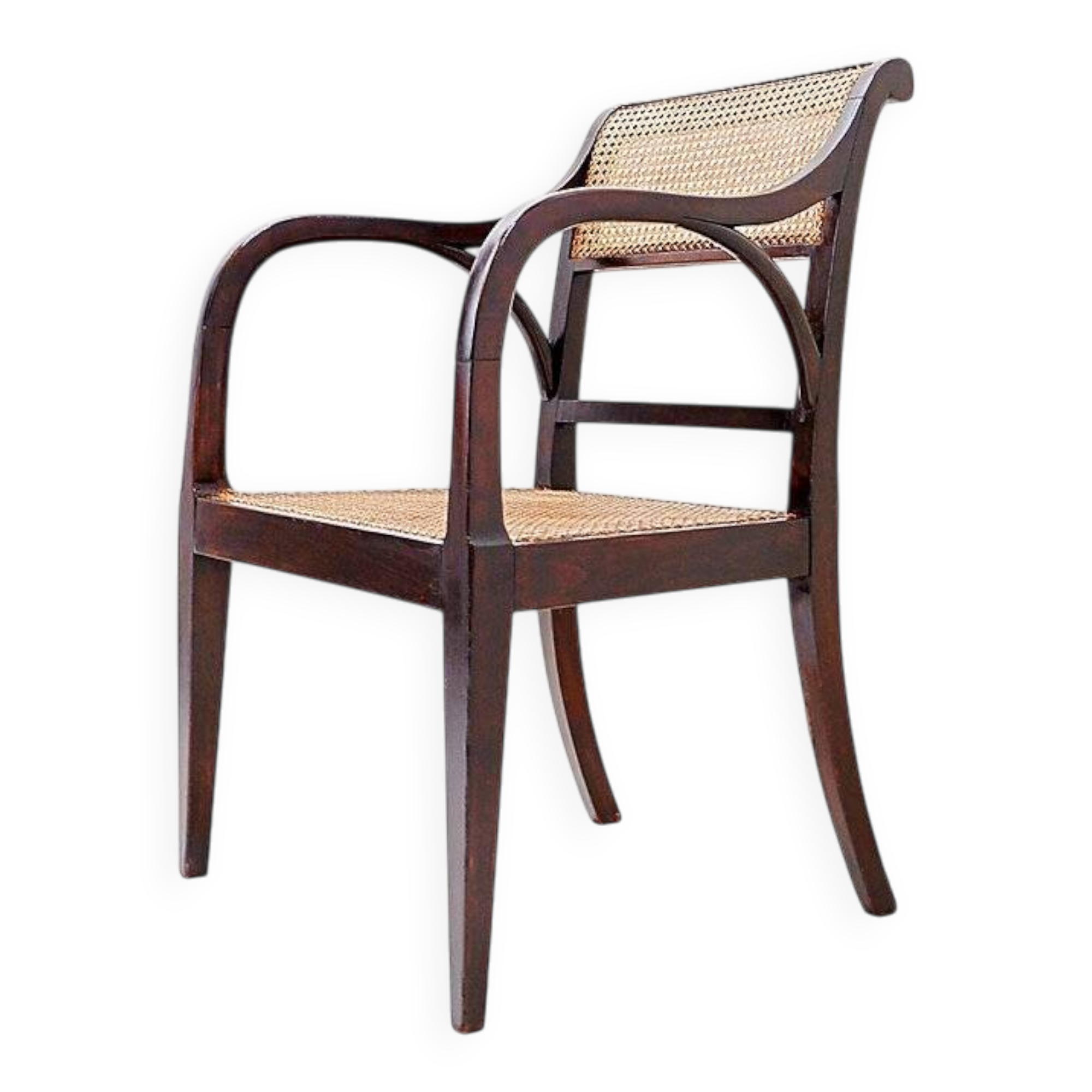 Mid-century curved wooden chairs with cane seats and backs.