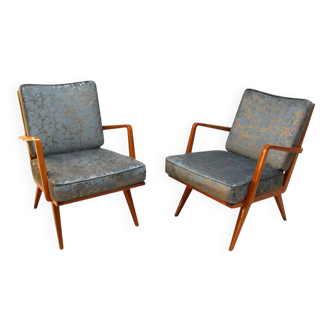 Lounge Chairs in Cherry Wood & Blue-Silver Fabric from Knoll, Germany, 1950s, Set of 2