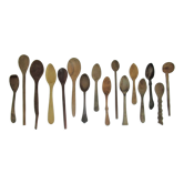 Collection of 16 spoons solid wood vintage patinated