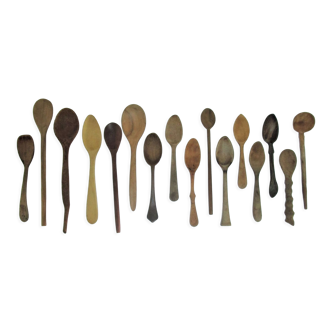 Collection of 16 spoons solid wood vintage patinated