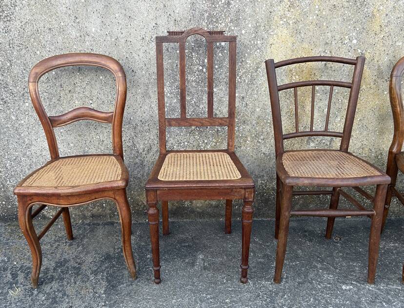 Ensemble de 7 chaises bois et cannage, vintage