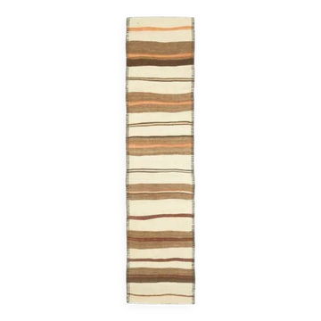 Tapis coureur kilim en laine et coton beige turc fait main vintage 78x344