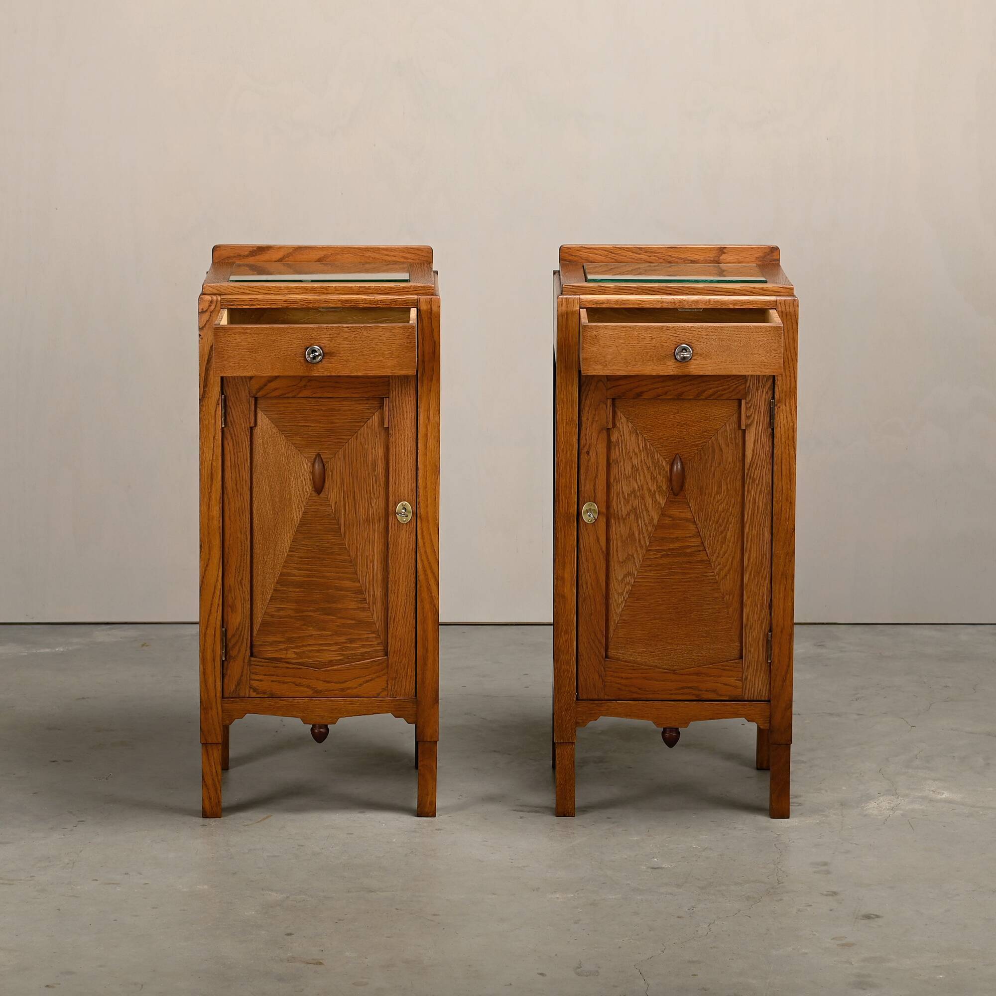 Art Deco Amsterdam School Nightstands oak wood and glass, 1930s Netherlands