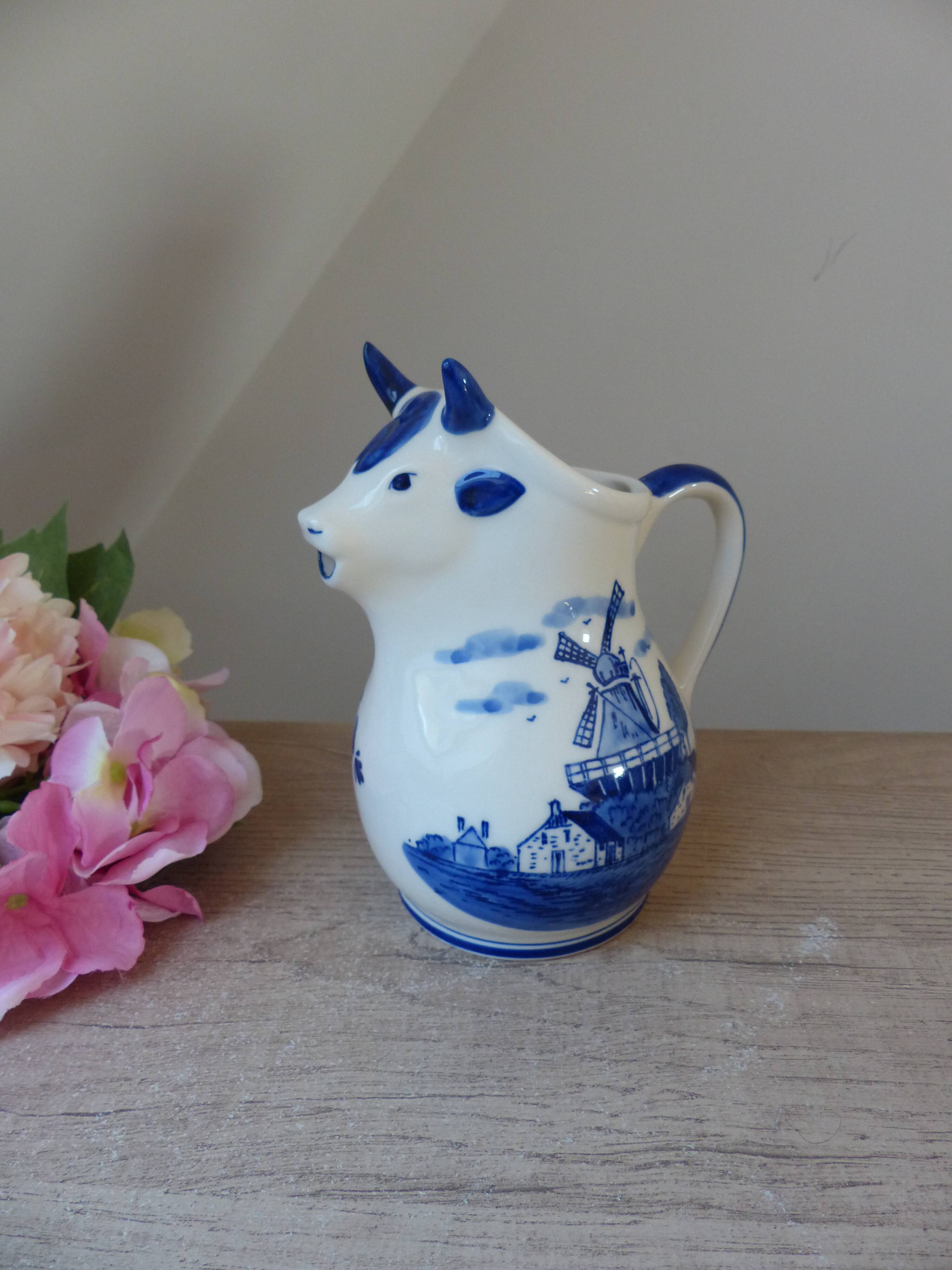 Old milk jug small cow pitcher in delf blue holland ceramic hand painted