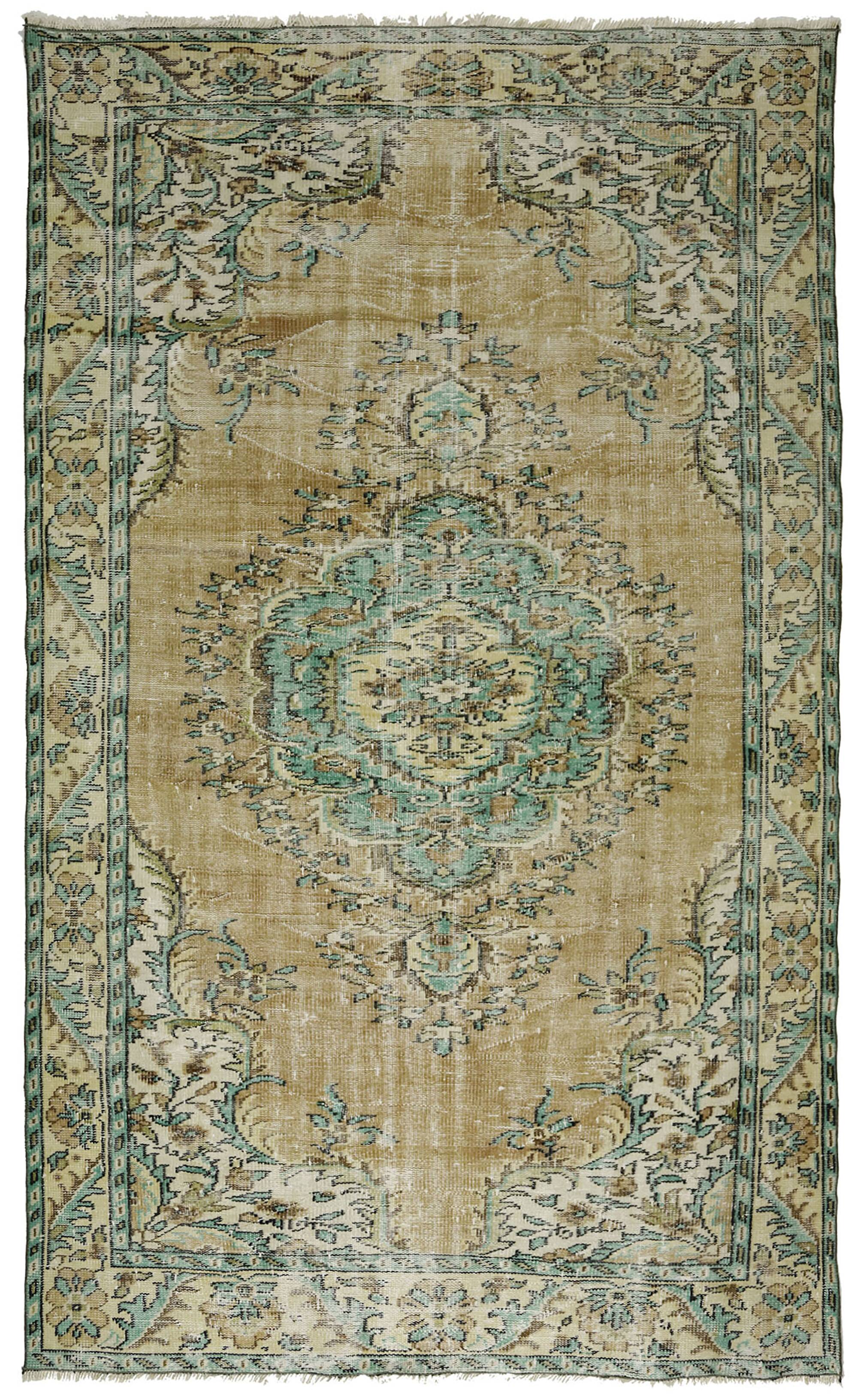 Vintage Turkish Carpet Floral Medallion Beige Green 280 x 166 cm