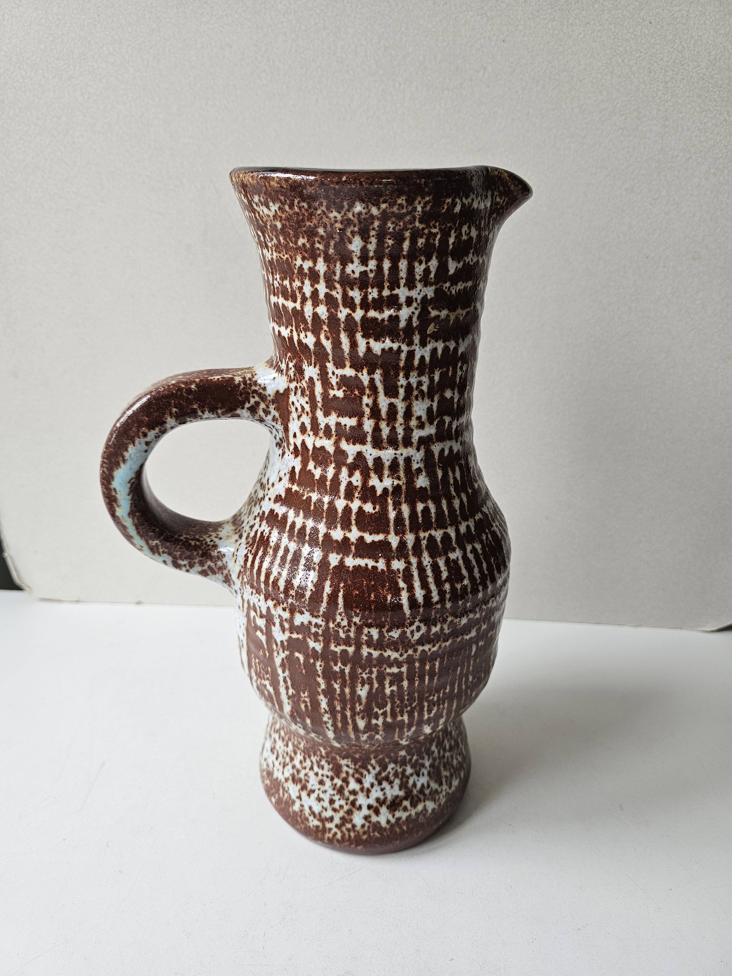 Large brown glazed ceramic pitcher signed accolay - height 31cm