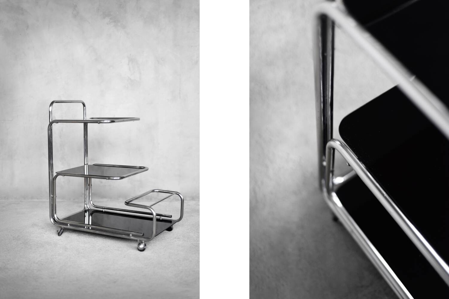 Vintage Mid-Century German Modern Bauhaus Chrome & Glass Serving Trolley