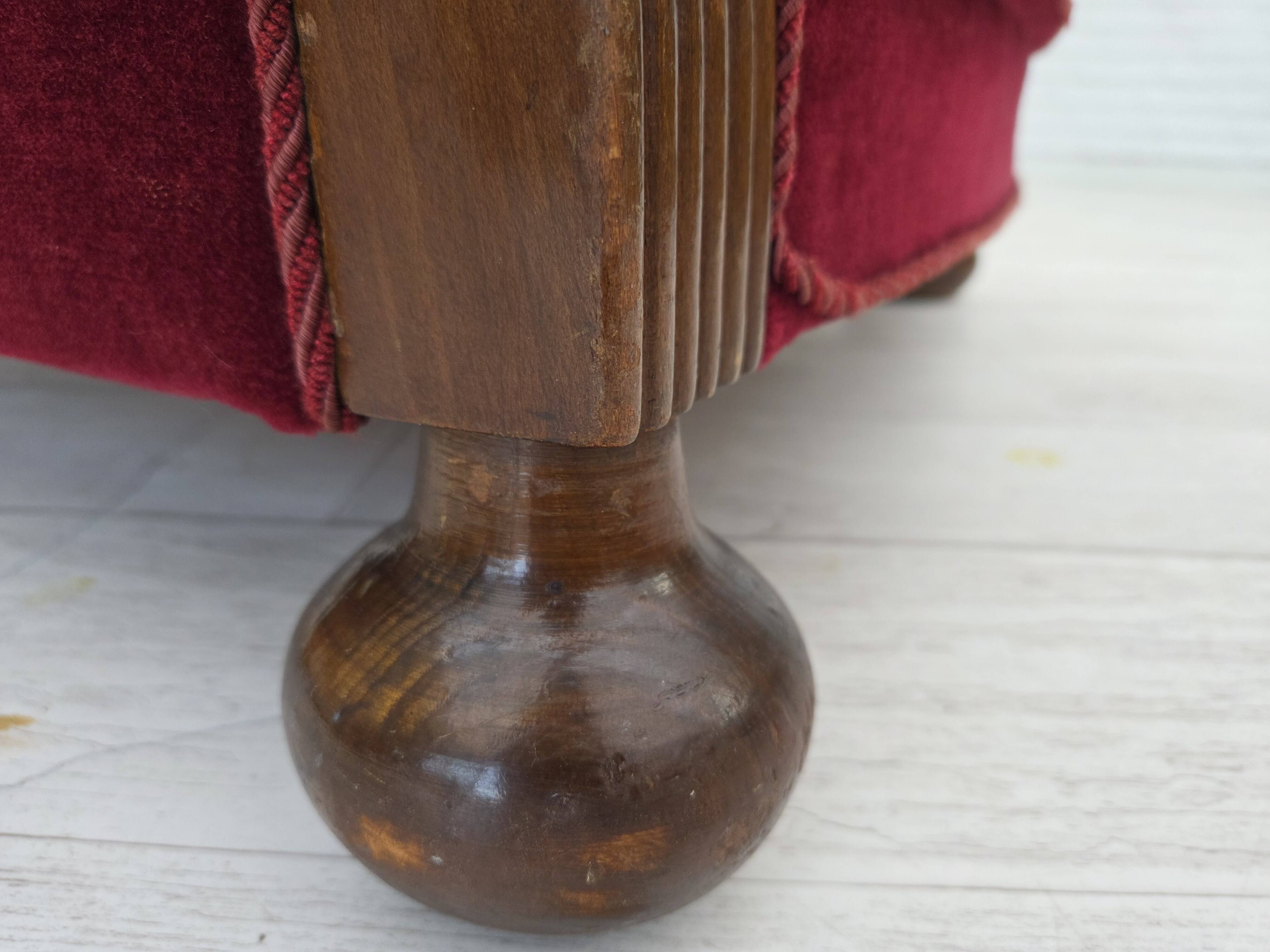 1950s, Danish relax armchair, cherry-red furniture velour, dark beech wood.