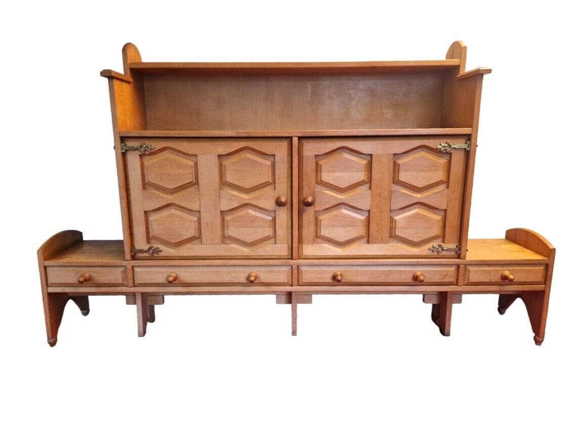 Vintage Brutalist Cabinet In Light Oak And Brass, Guillerme Et Chambron