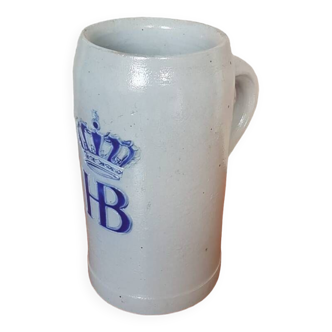 Old Tankard 1L Gray Stoneware Blue Crown Decor + Vintage HB Monogram #A698