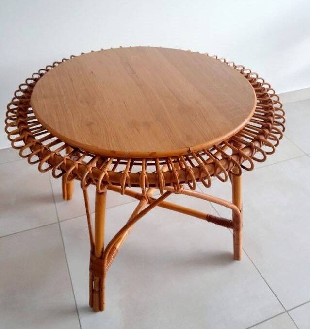 Table basse soleil en rotin vintage