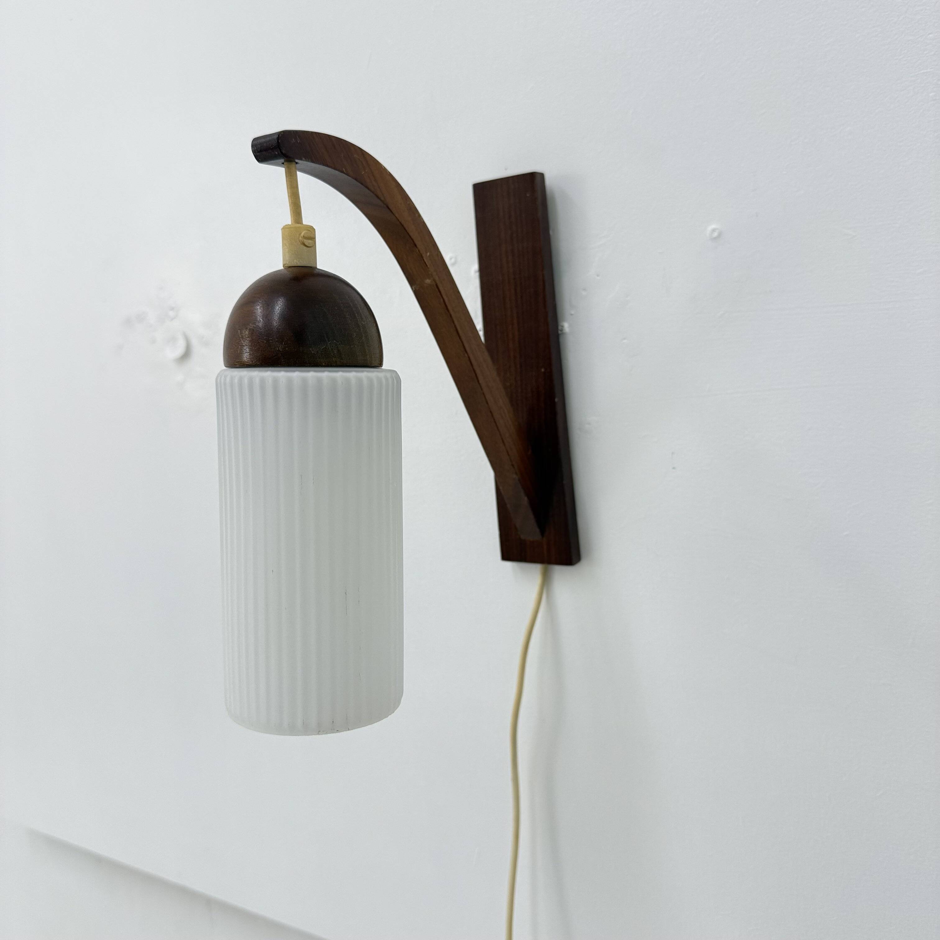 Vintage Scandinavian wall lamp with teak and opaline glass shade , 1960s