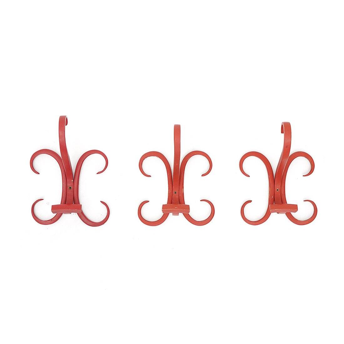 Curved red wooden coat hooks, 1960s, set of 3