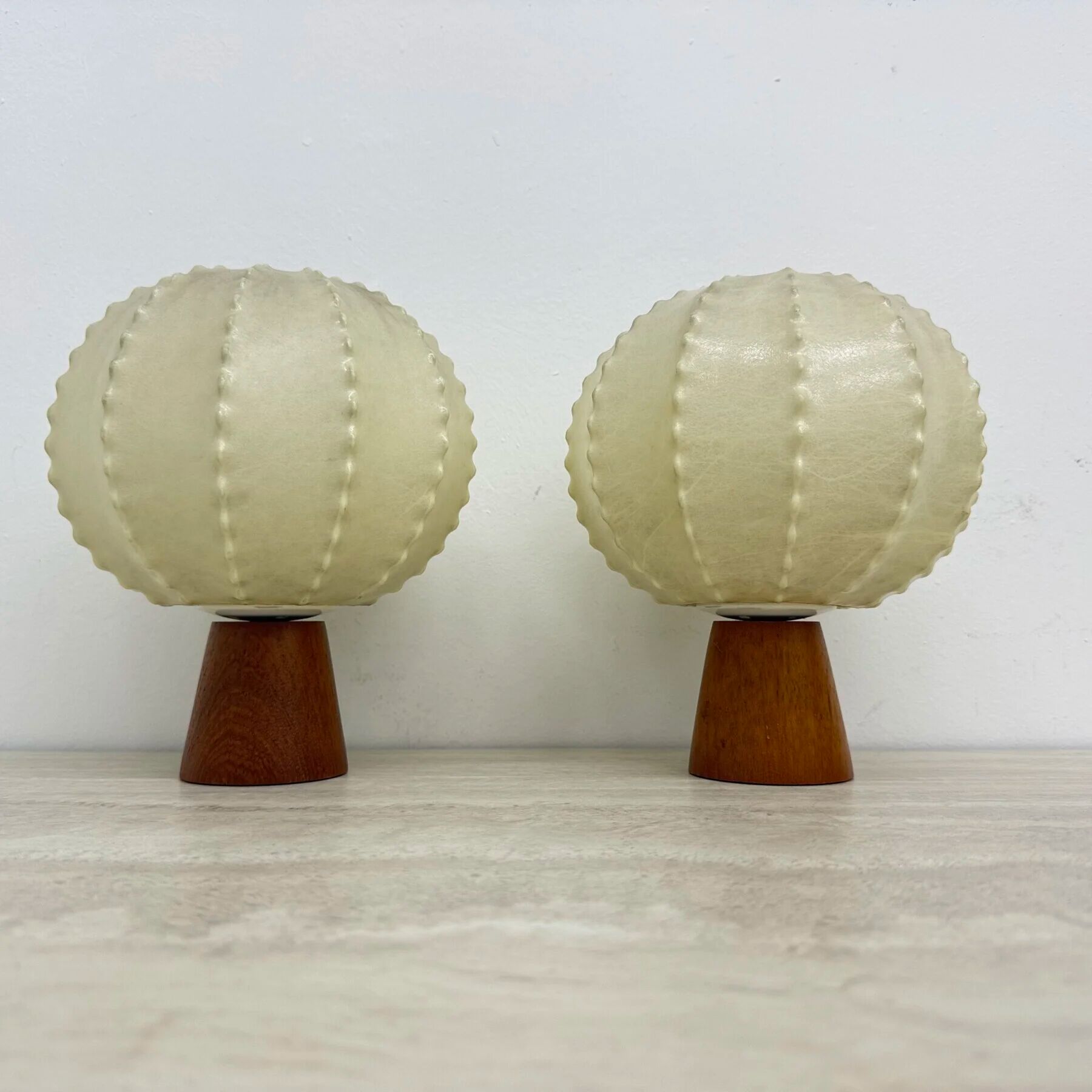 Pair of Goldkant Leuchten cocoon with teak base table lamps, 1970s