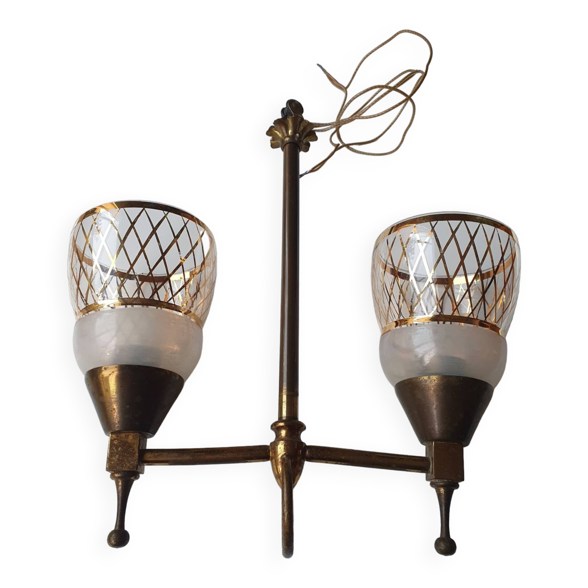 Art Deco gold double-light chandelier