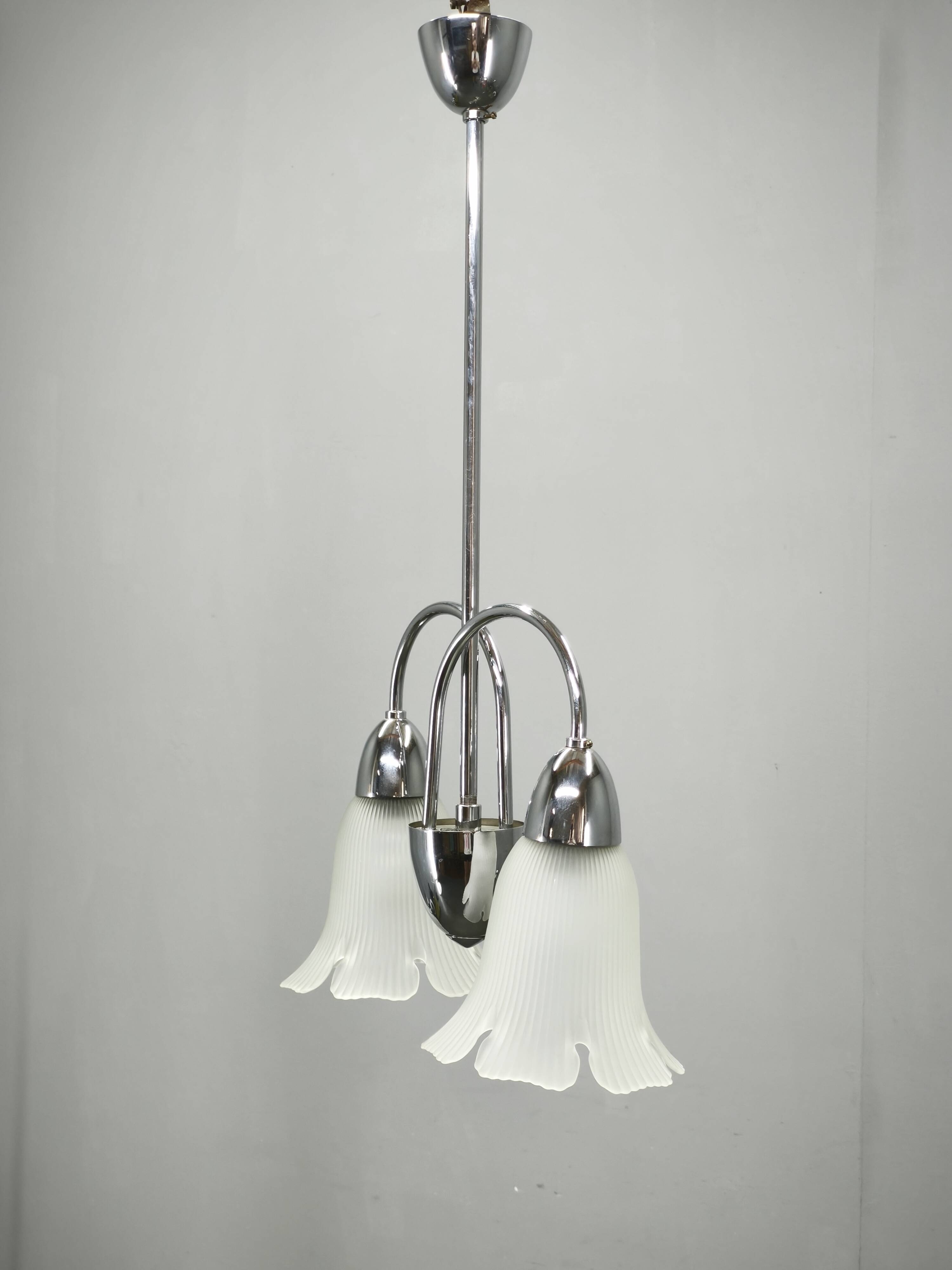 1950s Chrome and Floral Glass Chandelier by Elektroinstala Děčín