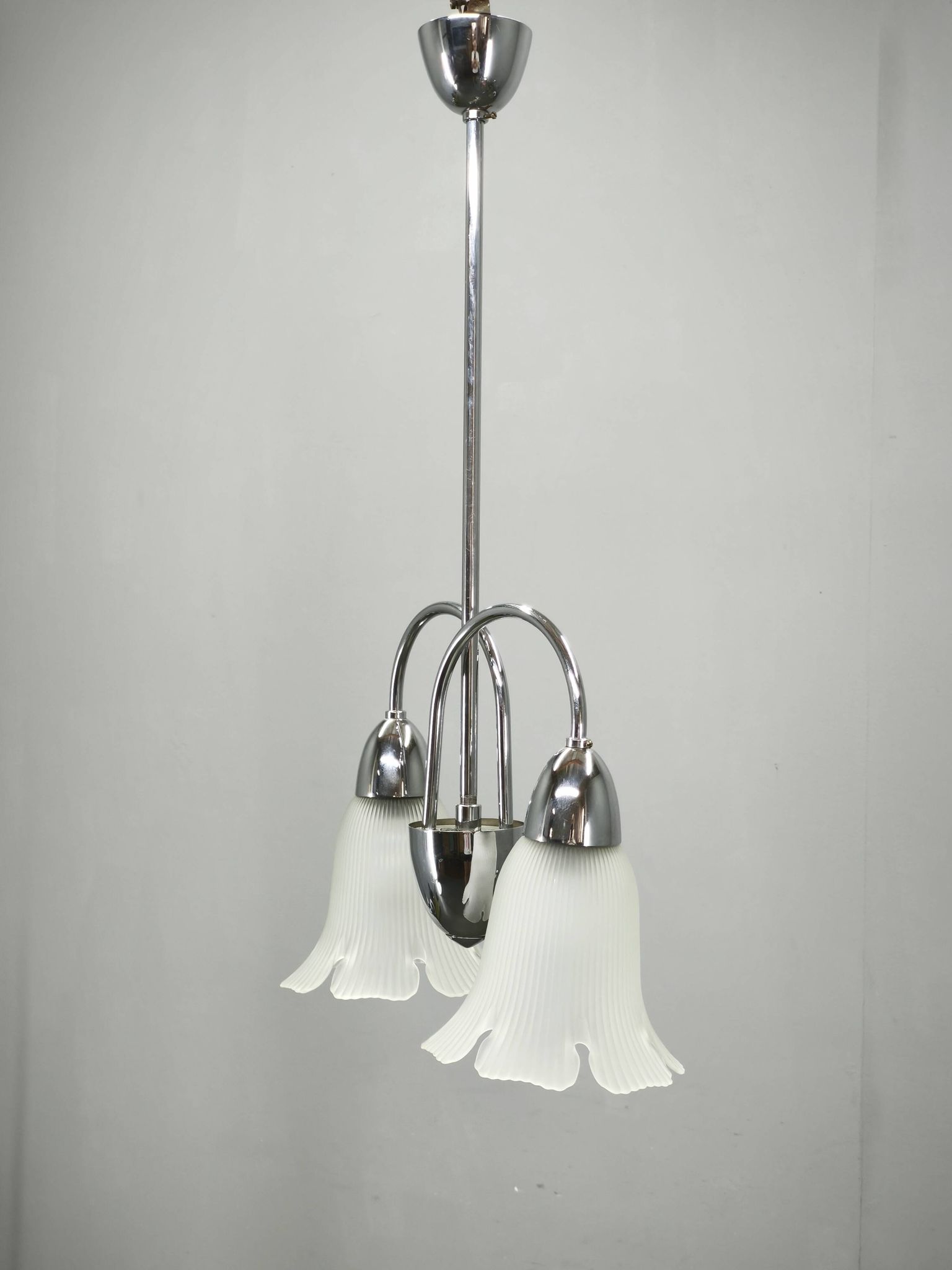 1950s Chrome and Floral Glass Chandelier by Elektroinstala Děčín